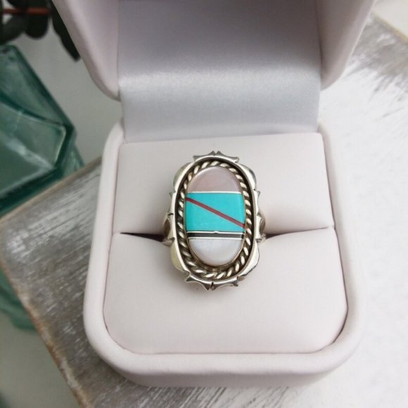 TURQUOISE MOP Ring | Vintage - Native - Sterling | Coral, Jet & Turquoise - Picture 2 of 7